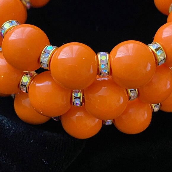 Vintage lucite Orange Bead and Rhinestone Wrap Bracelet - Picture 3 of 5